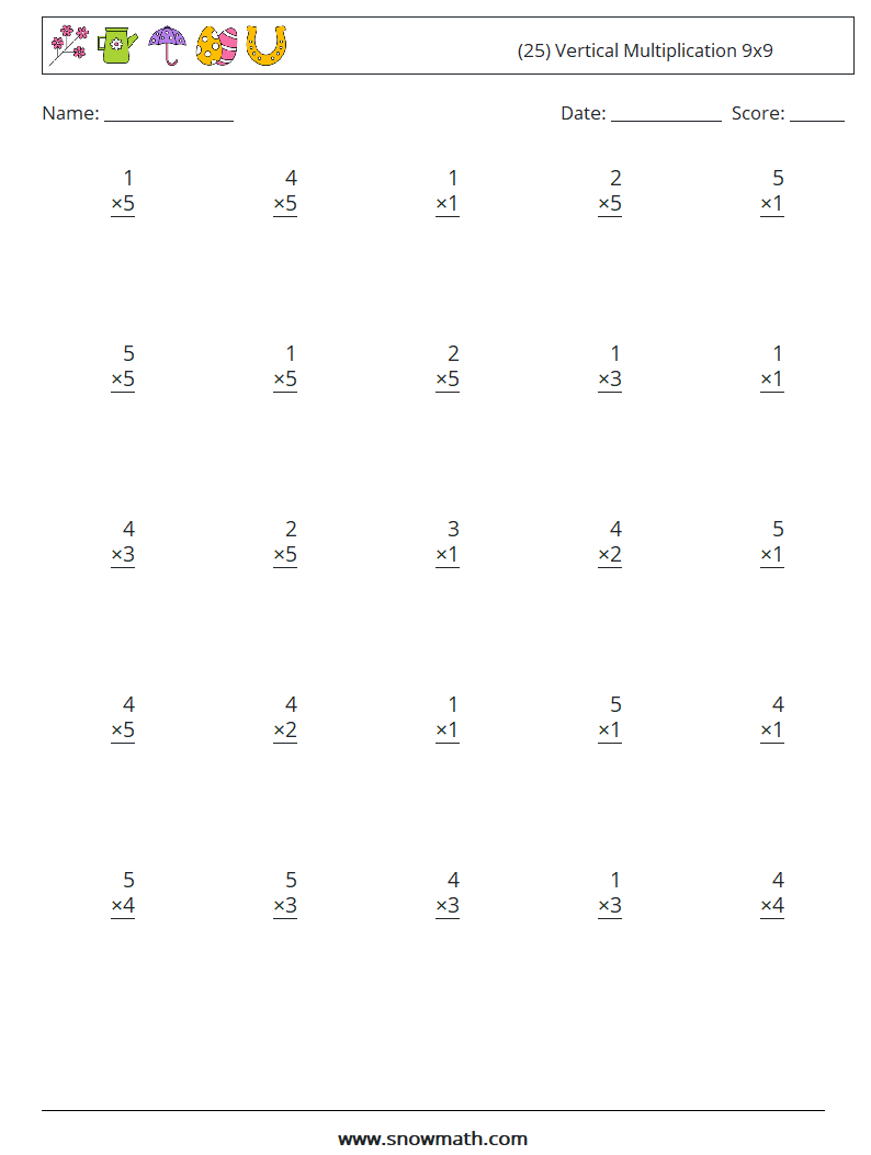 (25) Vertical Multiplication 9x9 Maths Worksheets 7