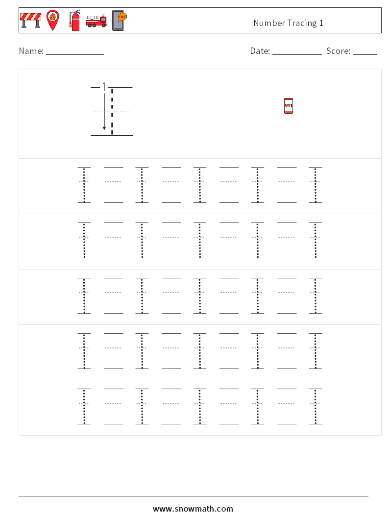 Number Tracing 1 Math Worksheets 21