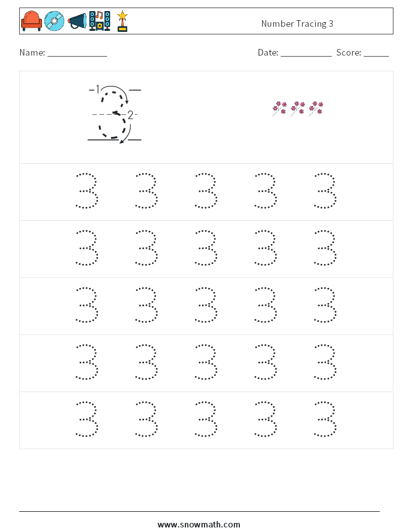 Number Tracing 3 Math Worksheets 9
