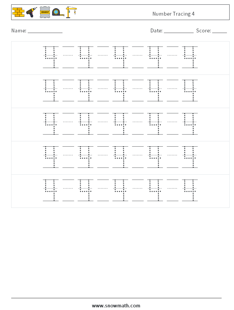 Number Tracing 4 Math Worksheets 22