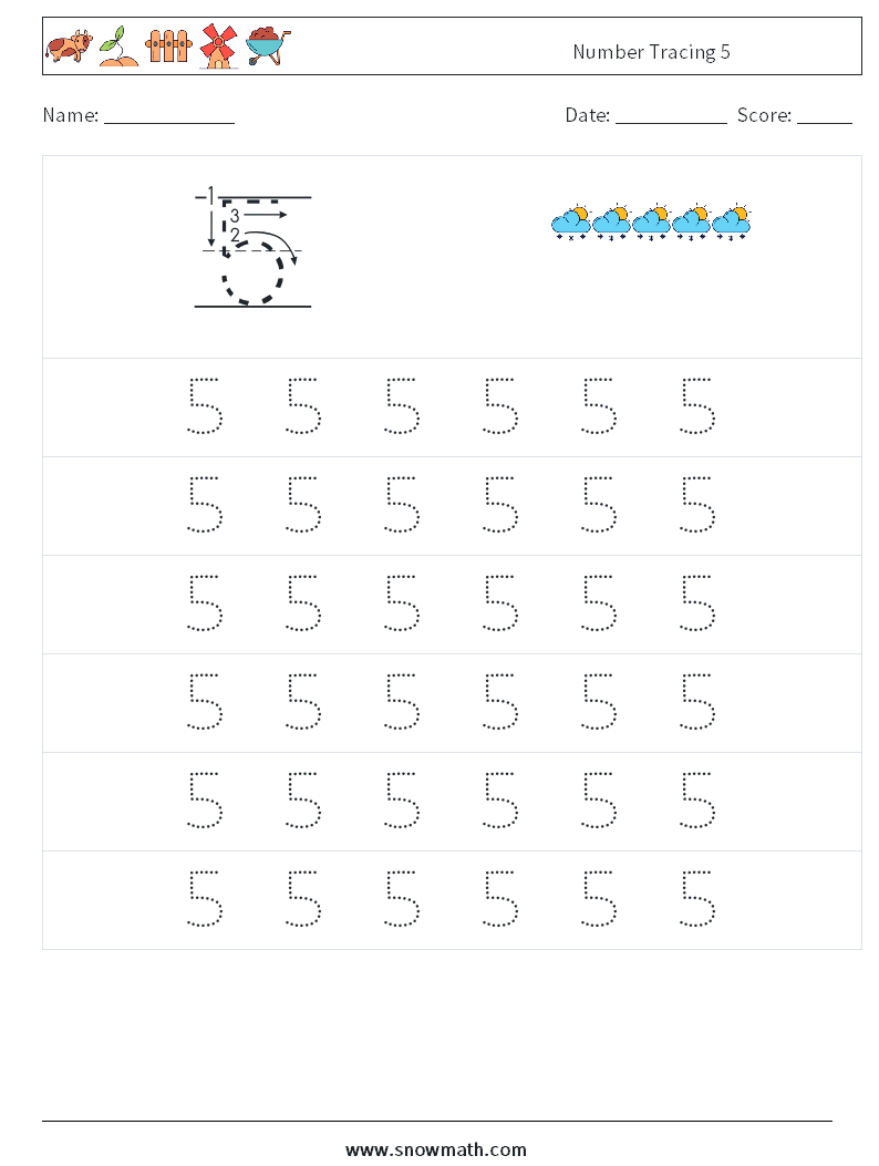 Number Tracing 5 Math Worksheets 5