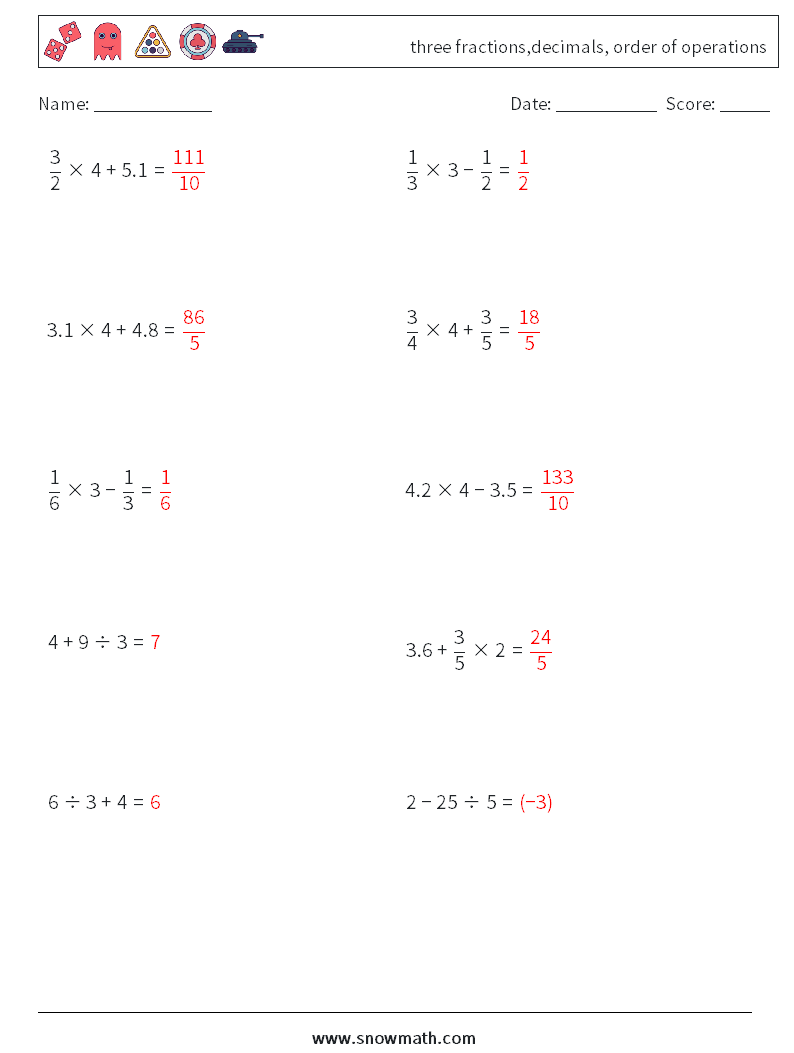 three fractions,decimals, order of operations Math Worksheets 11 Question, Answer