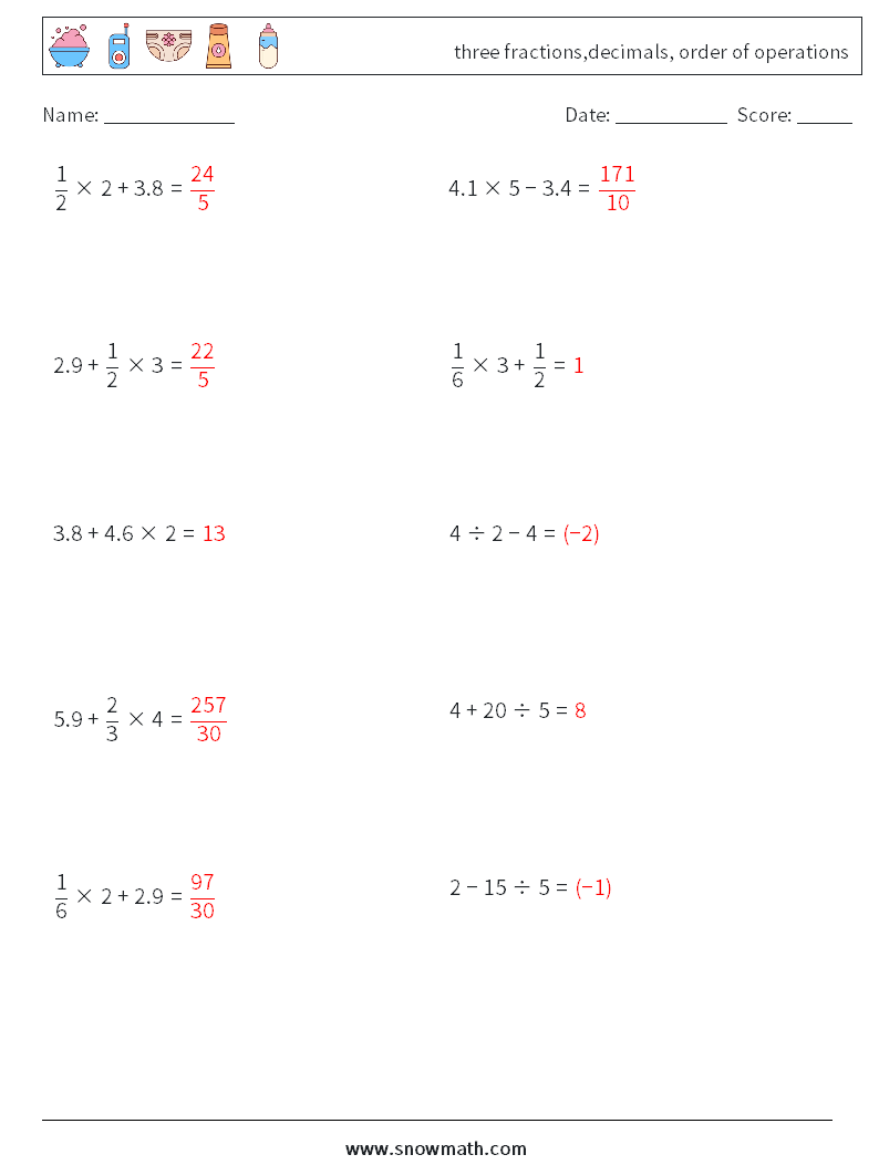 three fractions,decimals, order of operations Math Worksheets 13 Question, Answer