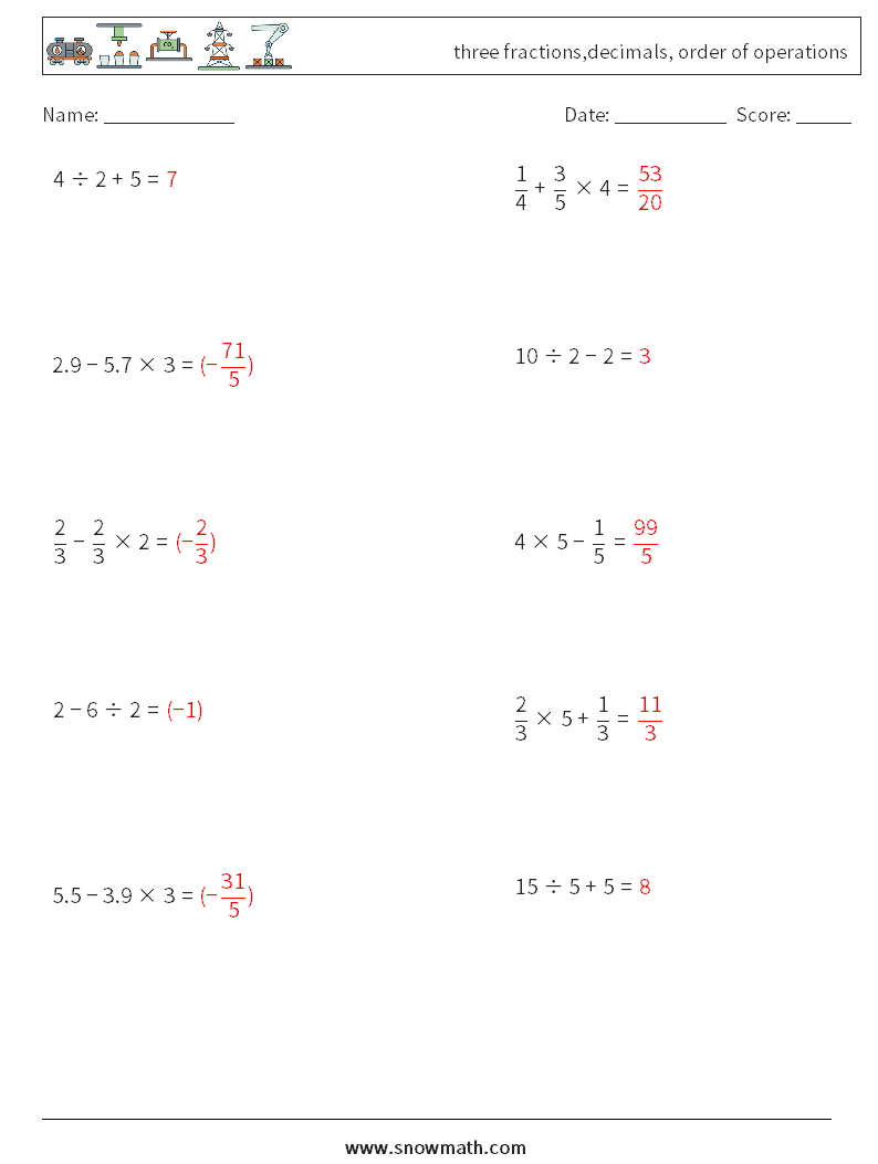 three fractions,decimals, order of operations Math Worksheets 14 Question, Answer