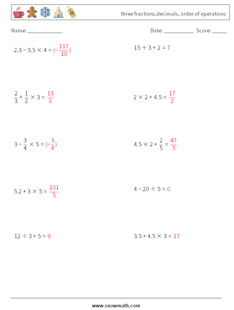three fractions,decimals, order of operations Math Worksheets 16 Question, Answer