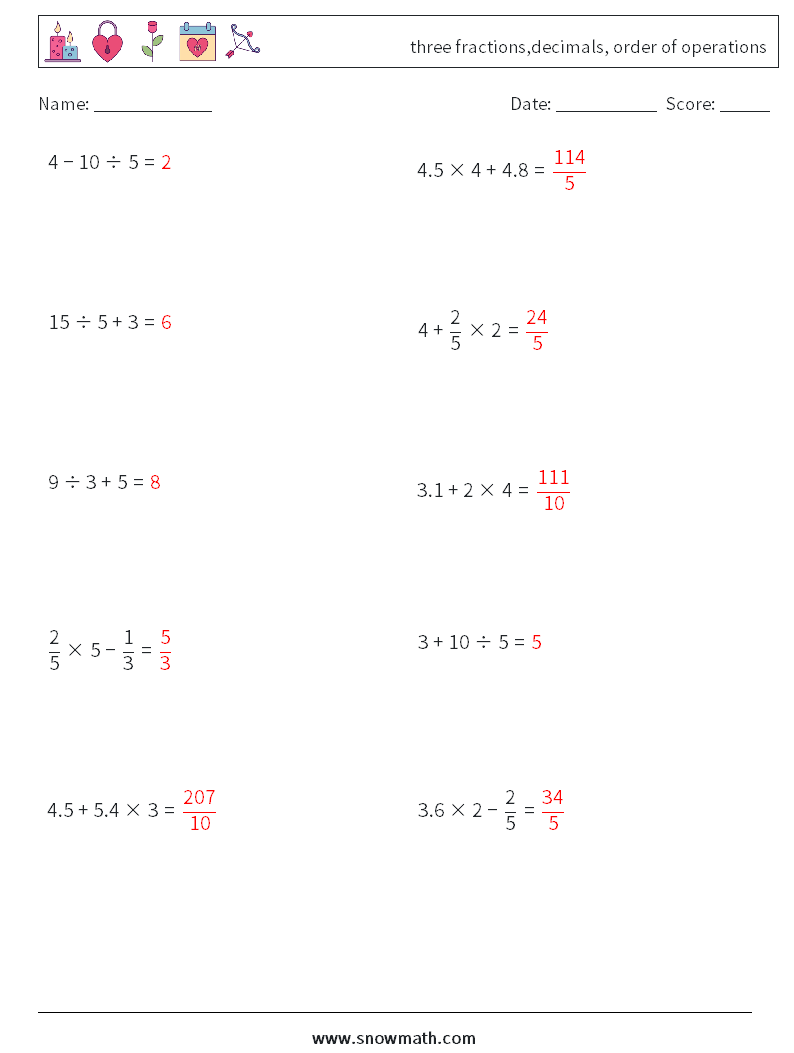 three fractions,decimals, order of operations Math Worksheets 17 Question, Answer