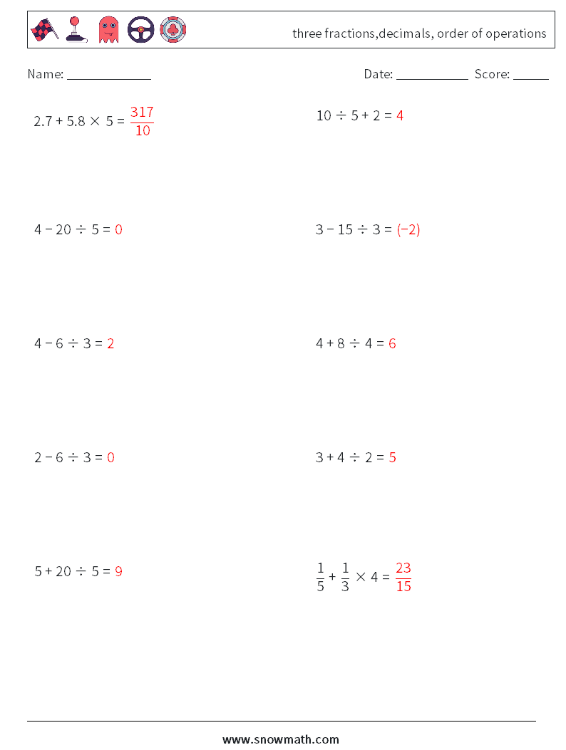 three fractions,decimals, order of operations Math Worksheets 18 Question, Answer