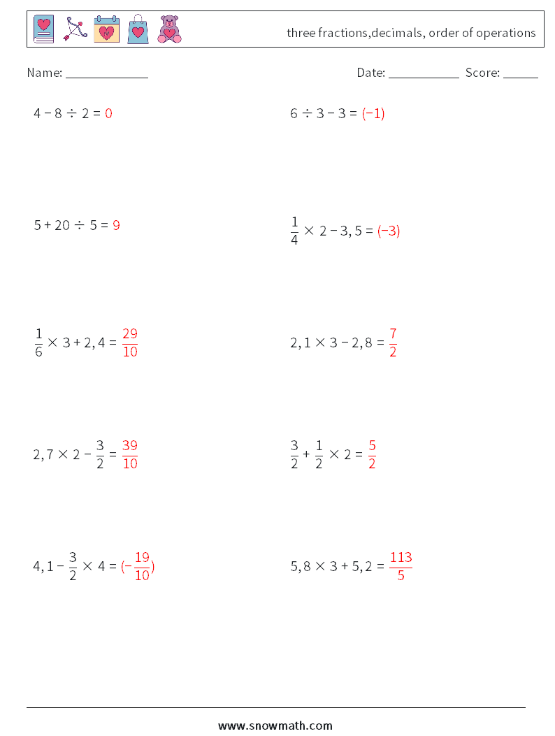 three fractions,decimals, order of operations Math Worksheets 1 Question, Answer