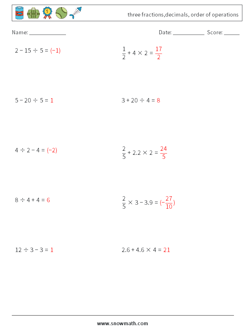 three fractions,decimals, order of operations Math Worksheets 3 Question, Answer