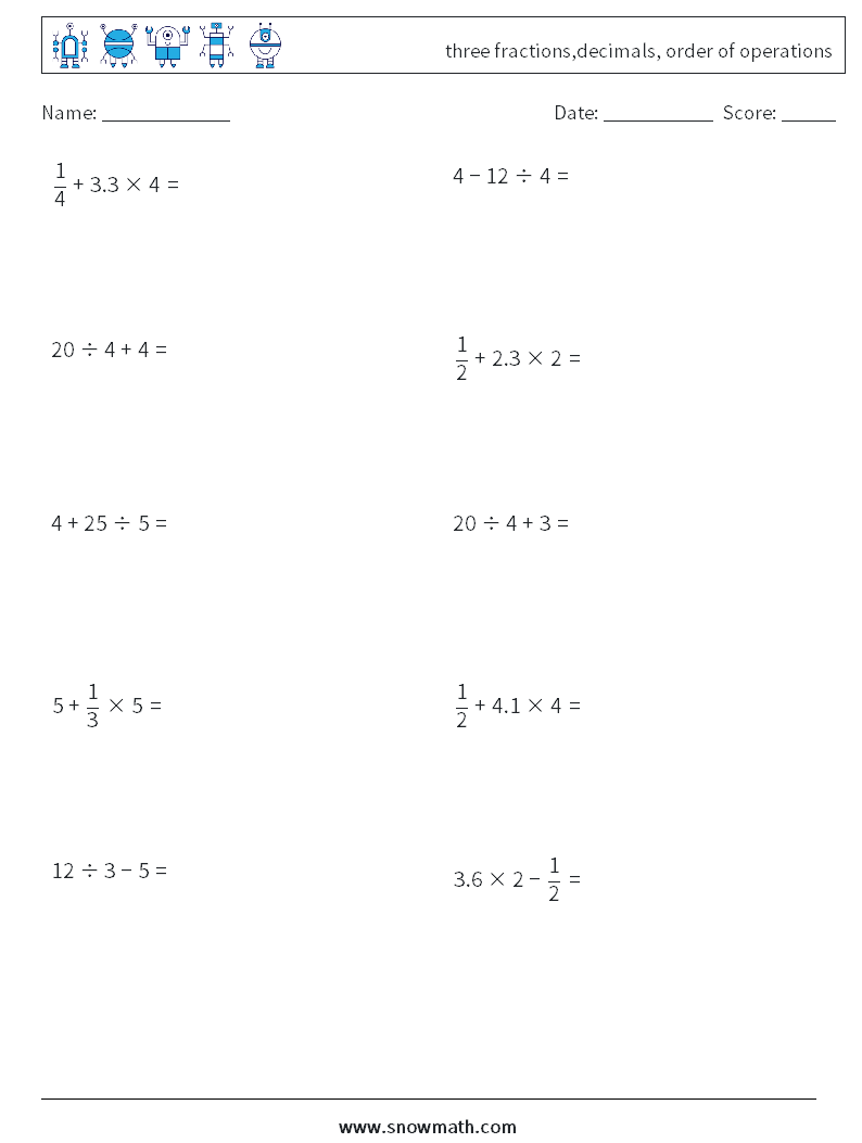 three fractions,decimals, order of operations Math Worksheets 4