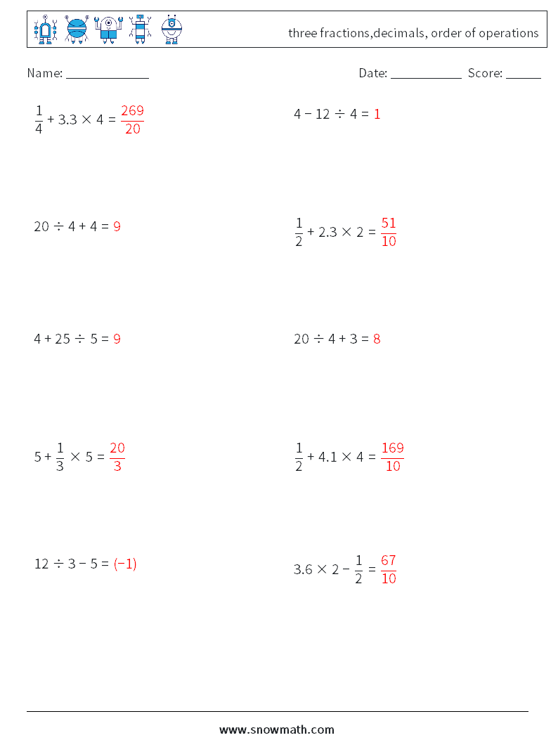 three fractions,decimals, order of operations Math Worksheets 4 Question, Answer