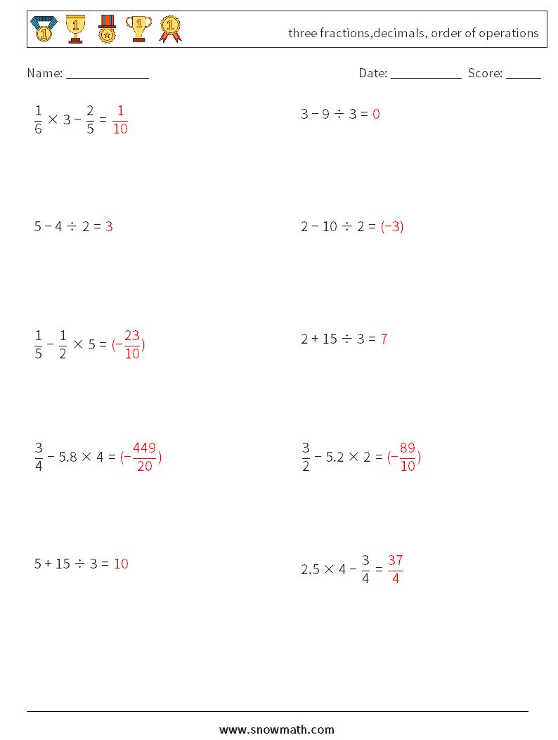three fractions,decimals, order of operations Math Worksheets 8 Question, Answer