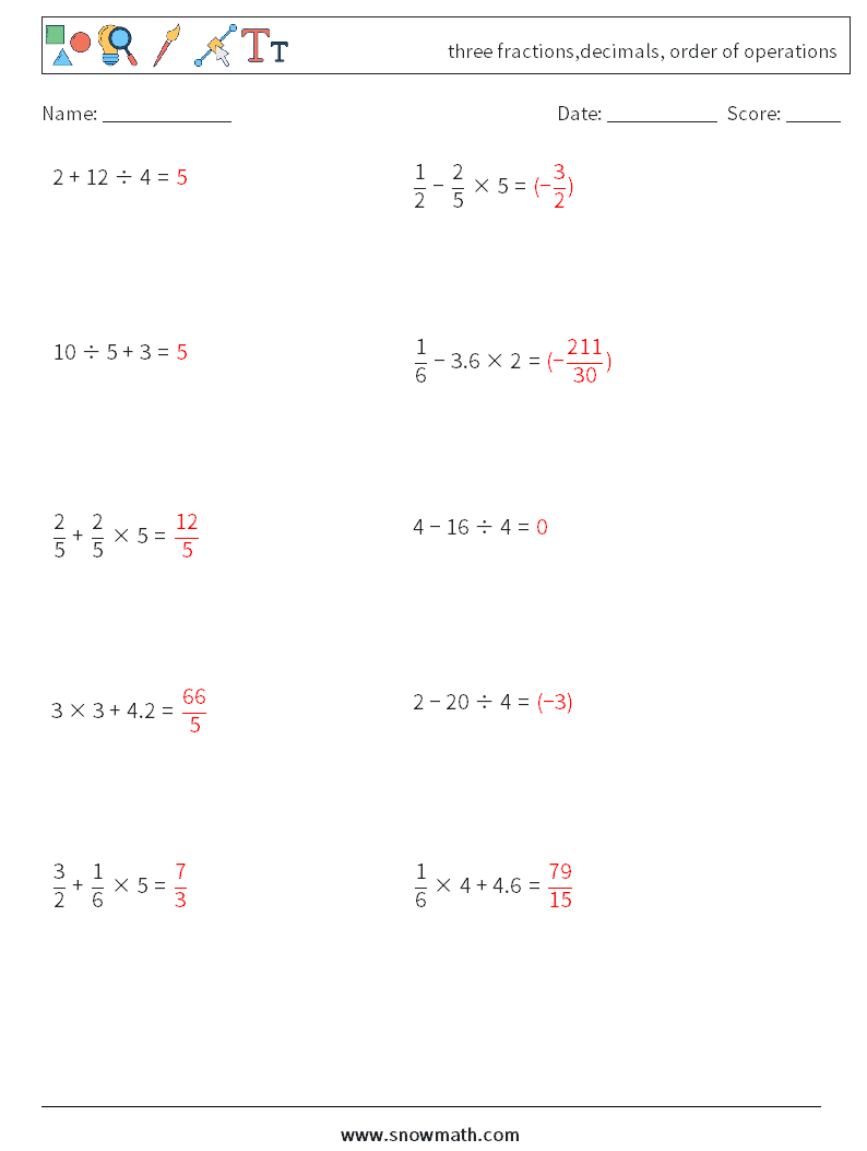 three fractions,decimals, order of operations Math Worksheets 9 Question, Answer