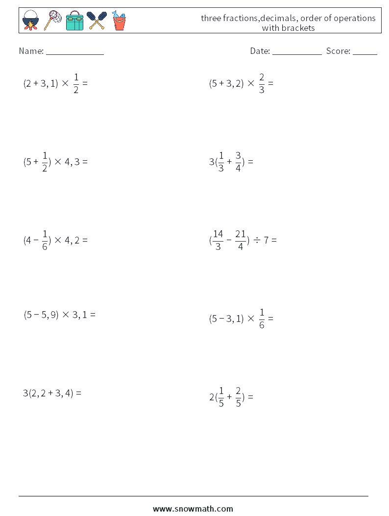 three fractions,decimals, order of operations with brackets Math Worksheets 10