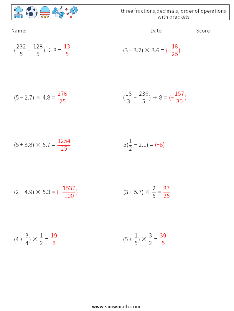 three fractions,decimals, order of operations with brackets Math Worksheets 11 Question, Answer