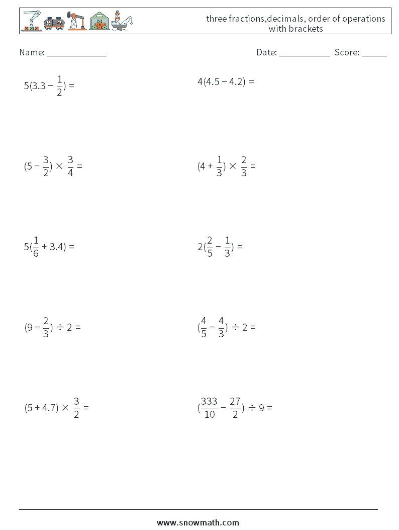 three fractions,decimals, order of operations with brackets Maths Worksheets 12