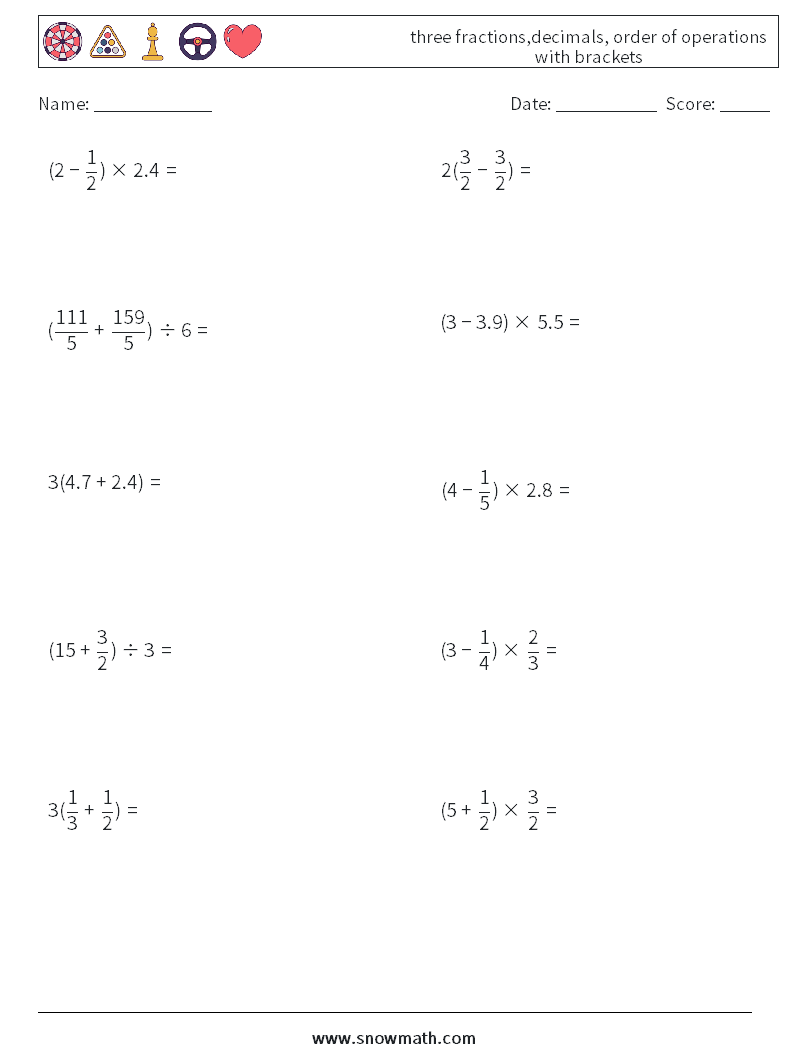 three fractions,decimals, order of operations with brackets Math Worksheets 13