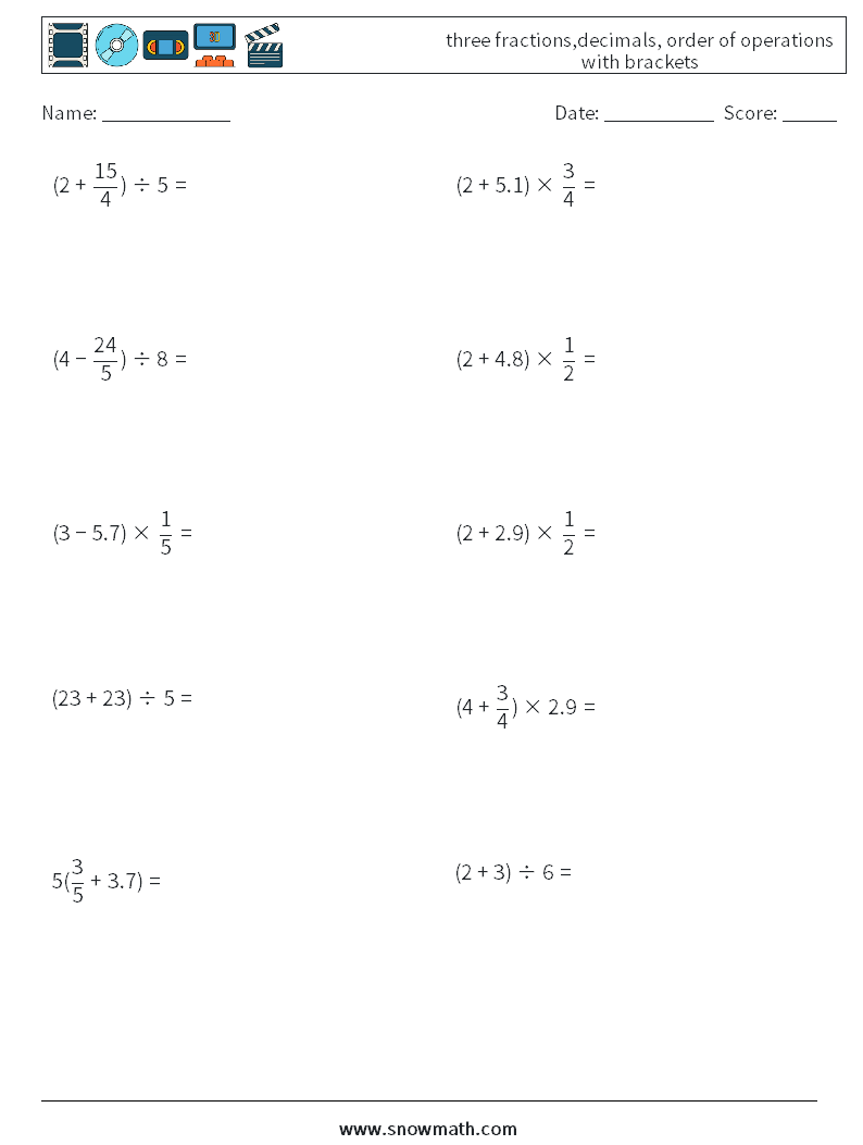 three fractions,decimals, order of operations with brackets Math Worksheets 15