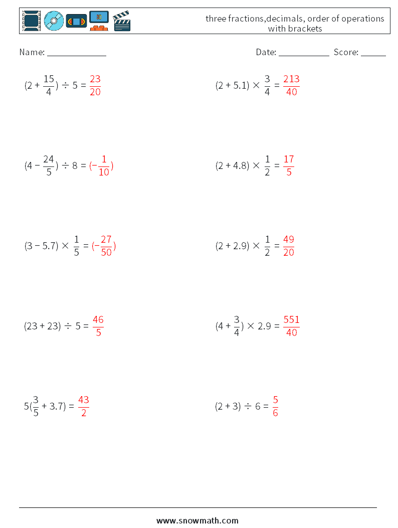 three fractions,decimals, order of operations with brackets Math Worksheets 15 Question, Answer