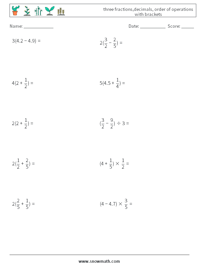 three fractions,decimals, order of operations with brackets Maths Worksheets 16