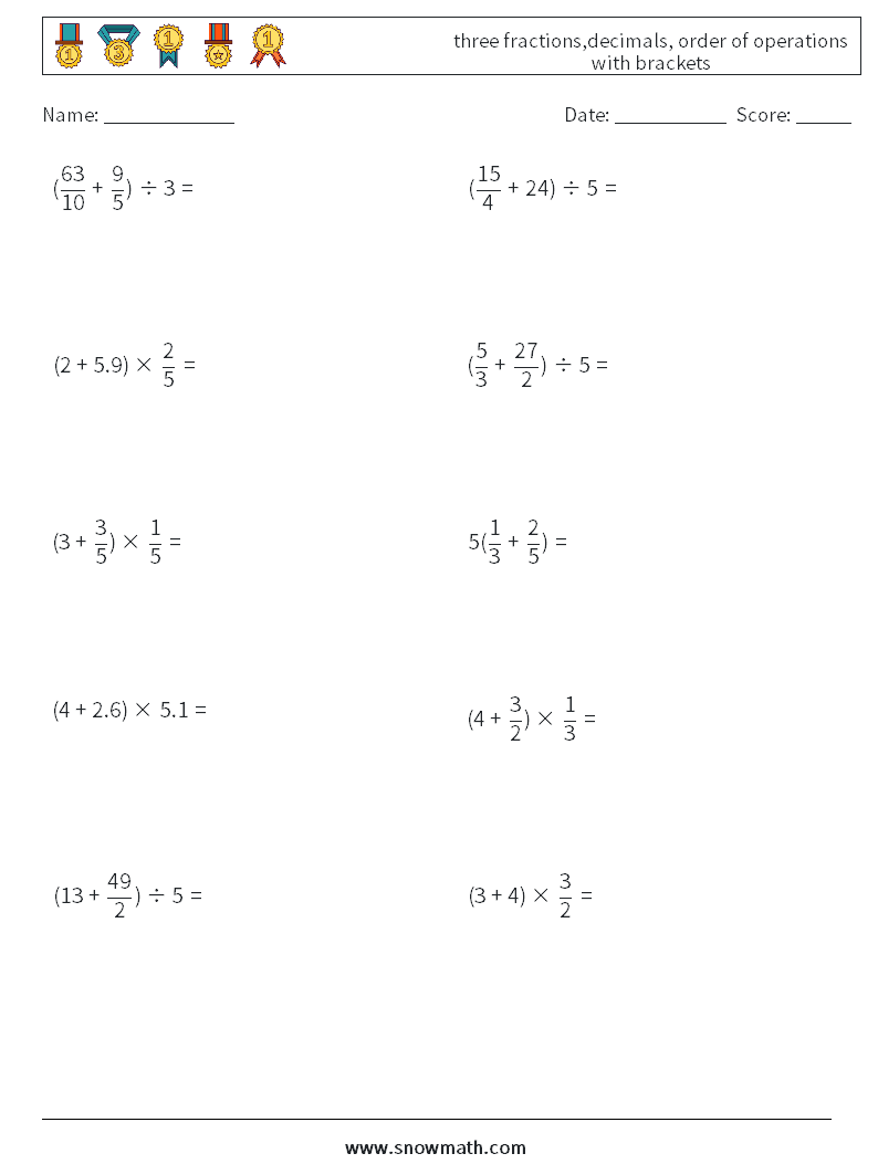 three fractions,decimals, order of operations with brackets Math Worksheets 17