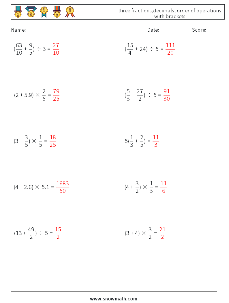 three fractions,decimals, order of operations with brackets Math Worksheets 17 Question, Answer