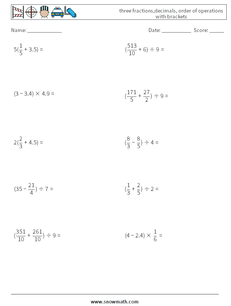 three fractions,decimals, order of operations with brackets Math Worksheets 18