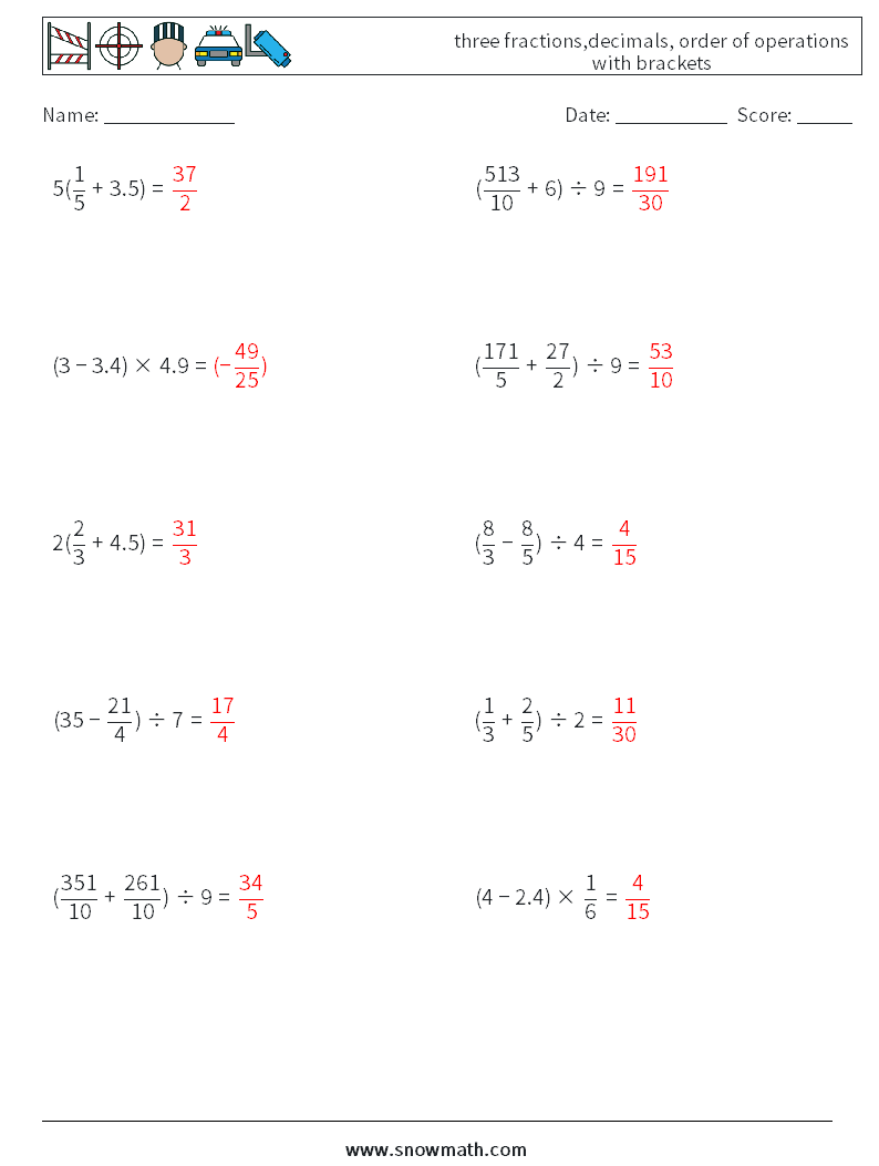 three fractions,decimals, order of operations with brackets Math Worksheets 18 Question, Answer