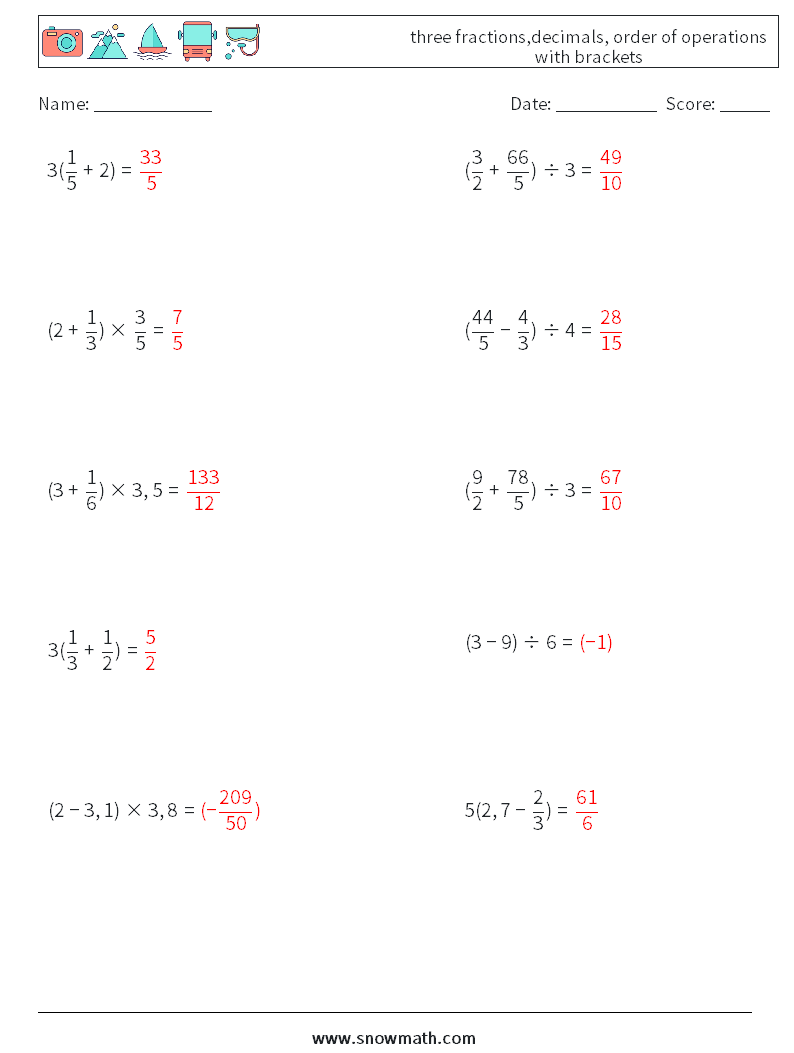 three fractions,decimals, order of operations with brackets Math Worksheets 1 Question, Answer