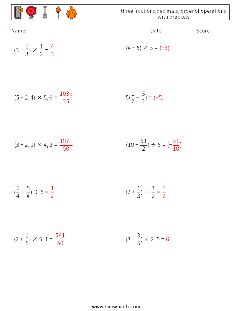 three fractions,decimals, order of operations with brackets Math Worksheets 2 Question, Answer