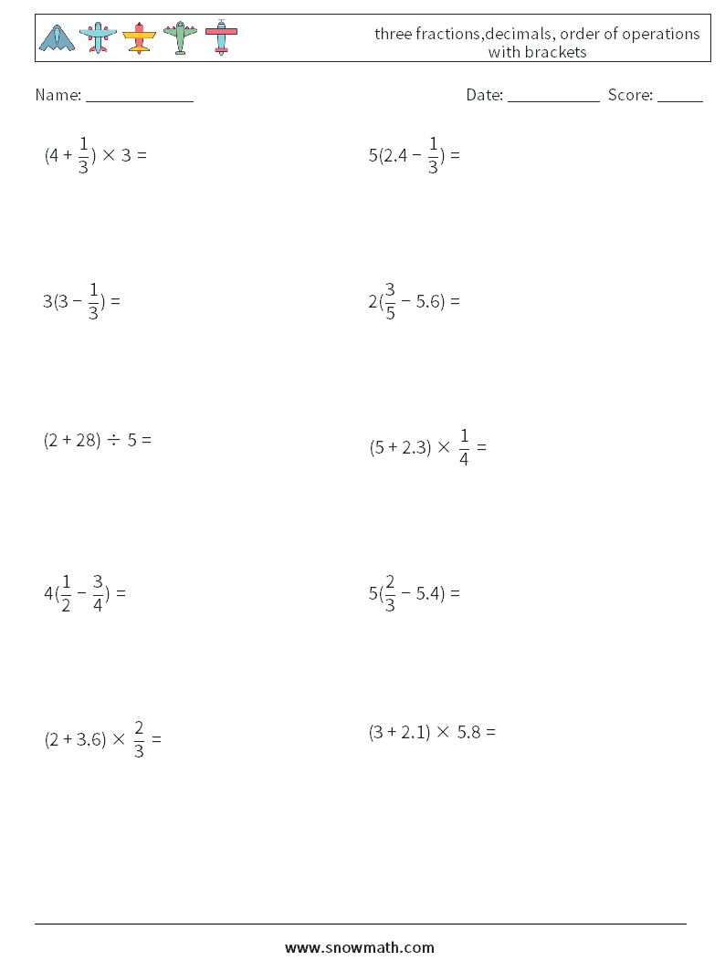 three fractions,decimals, order of operations with brackets Maths Worksheets 3