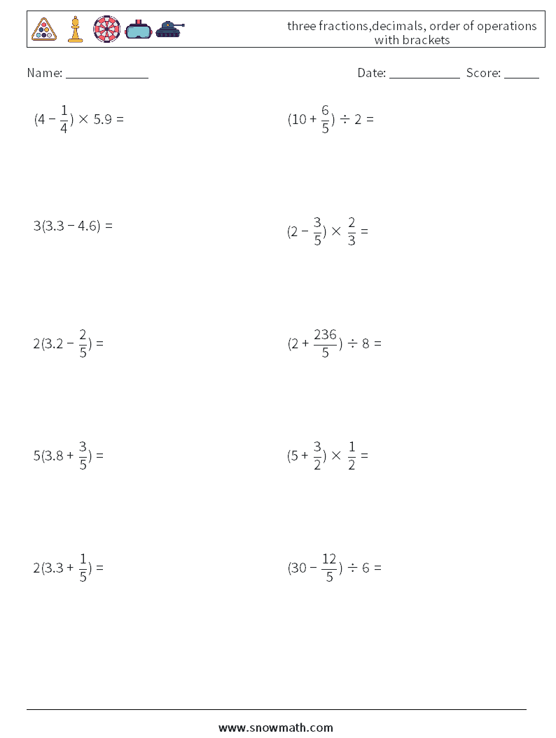 three fractions,decimals, order of operations with brackets Math Worksheets 7