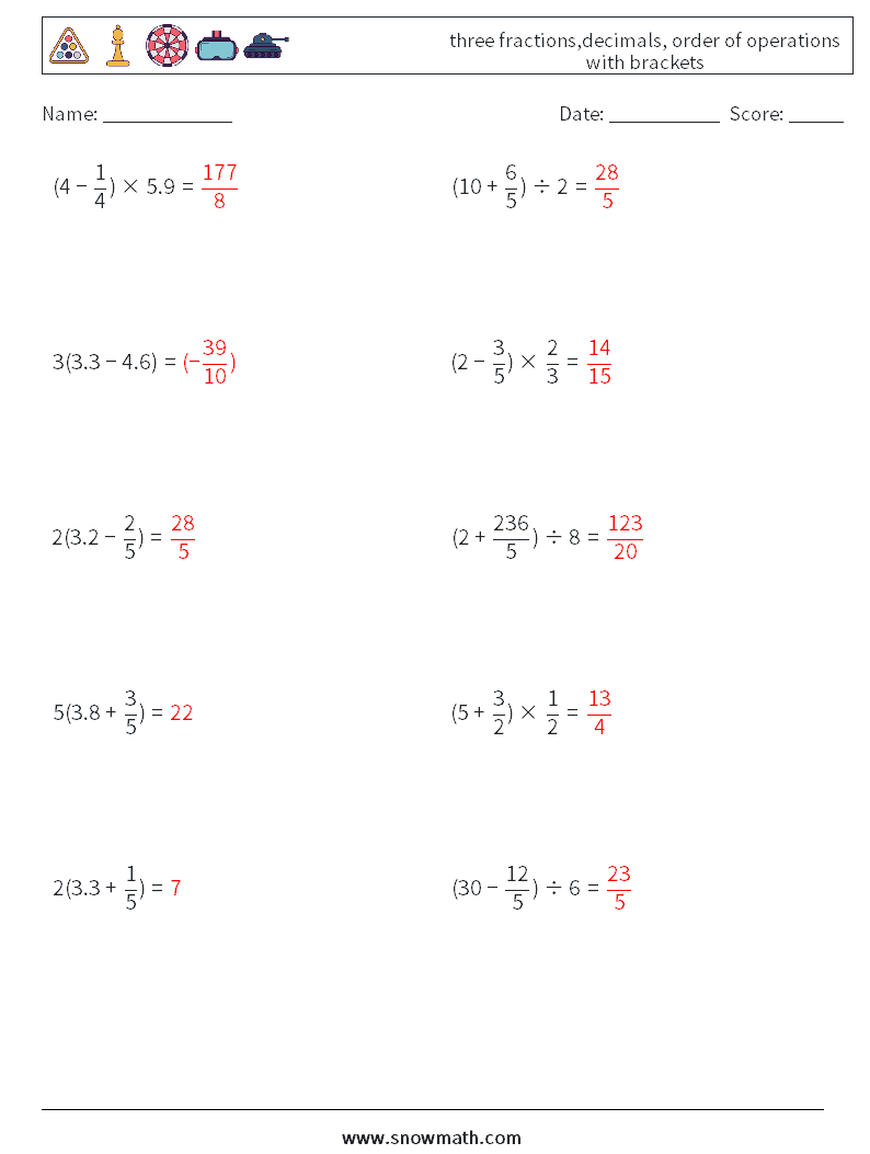 three fractions,decimals, order of operations with brackets Math Worksheets 7 Question, Answer