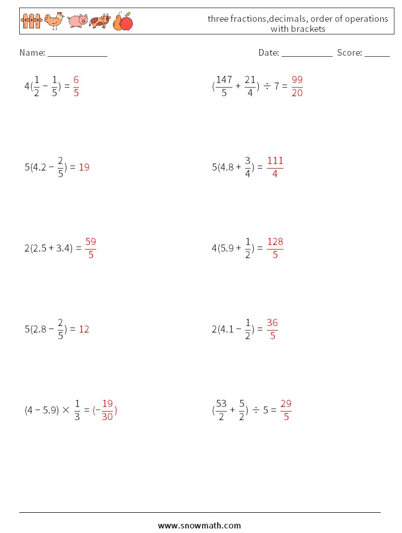 three fractions,decimals, order of operations with brackets Math Worksheets 8 Question, Answer