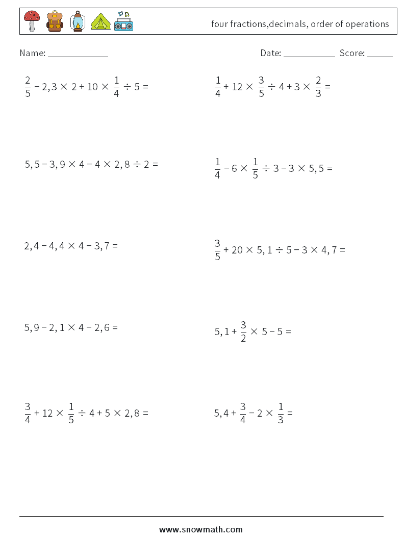 Four Fractions decimals Order Of Operations Math Worksheets Math 