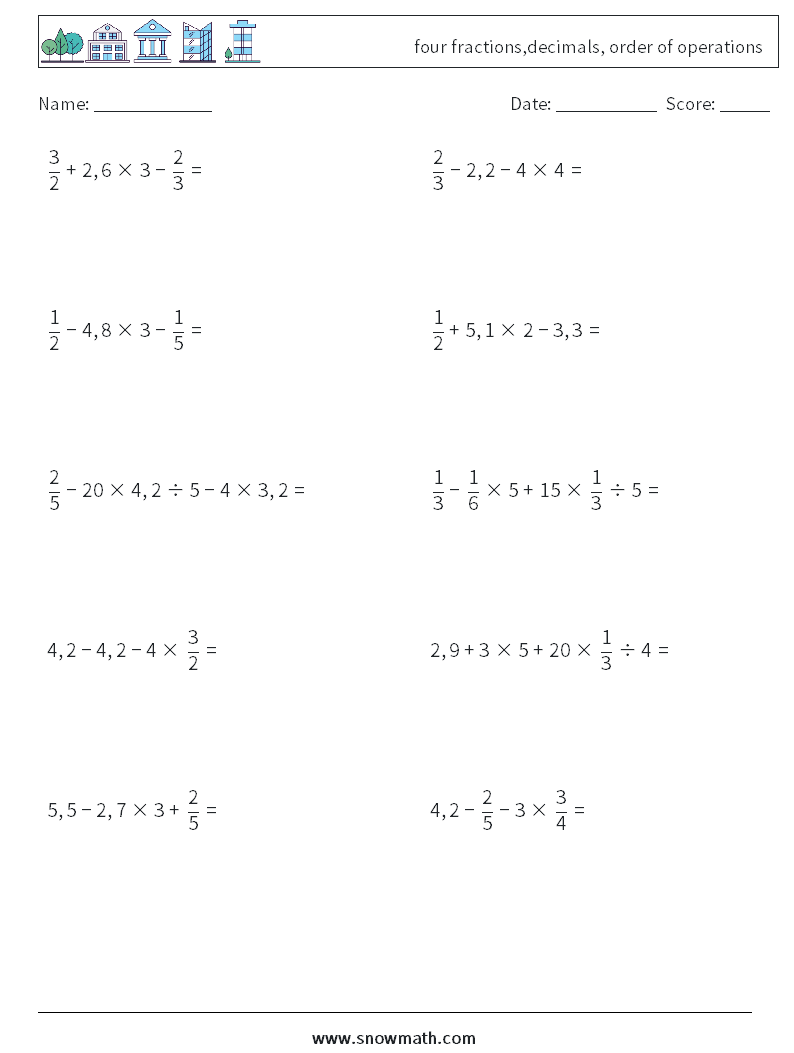 four fractions,decimals, order of operations Maths Worksheets 10