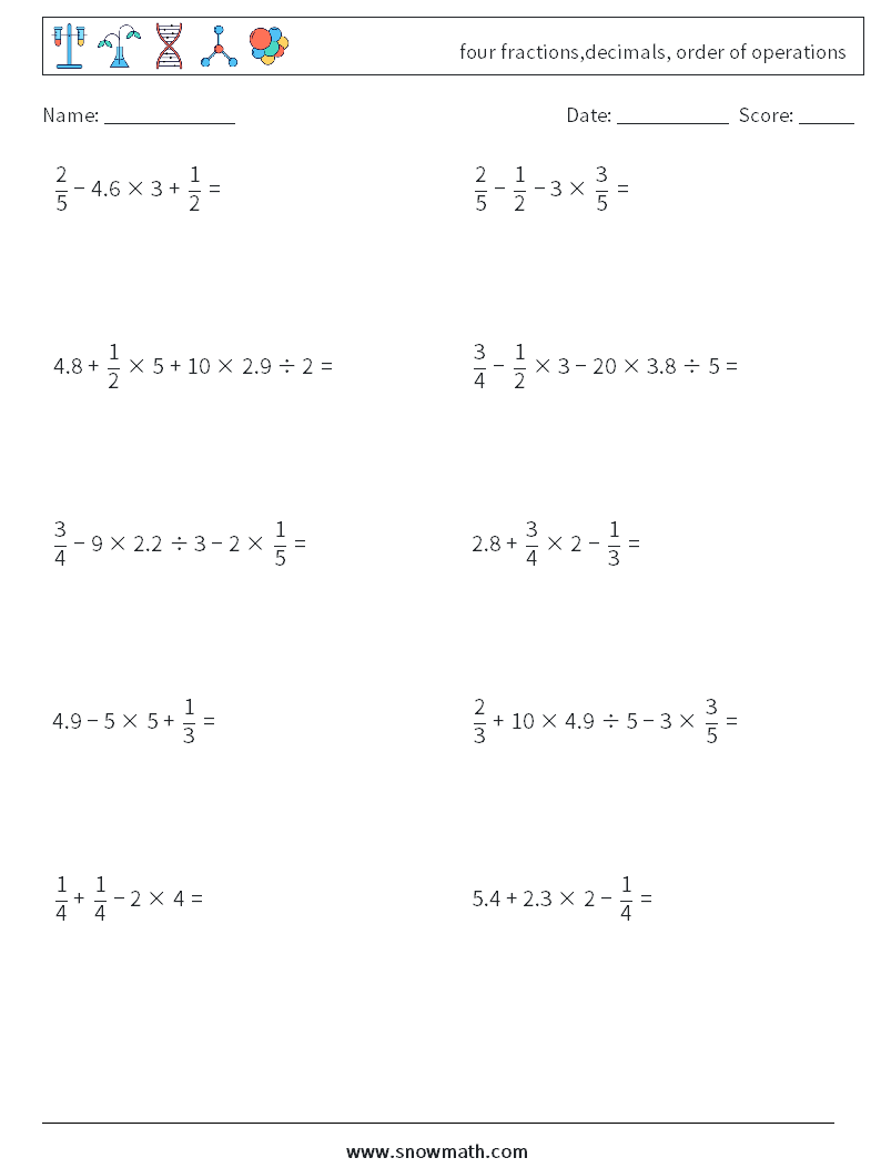 four fractions,decimals, order of operations Maths Worksheets 14