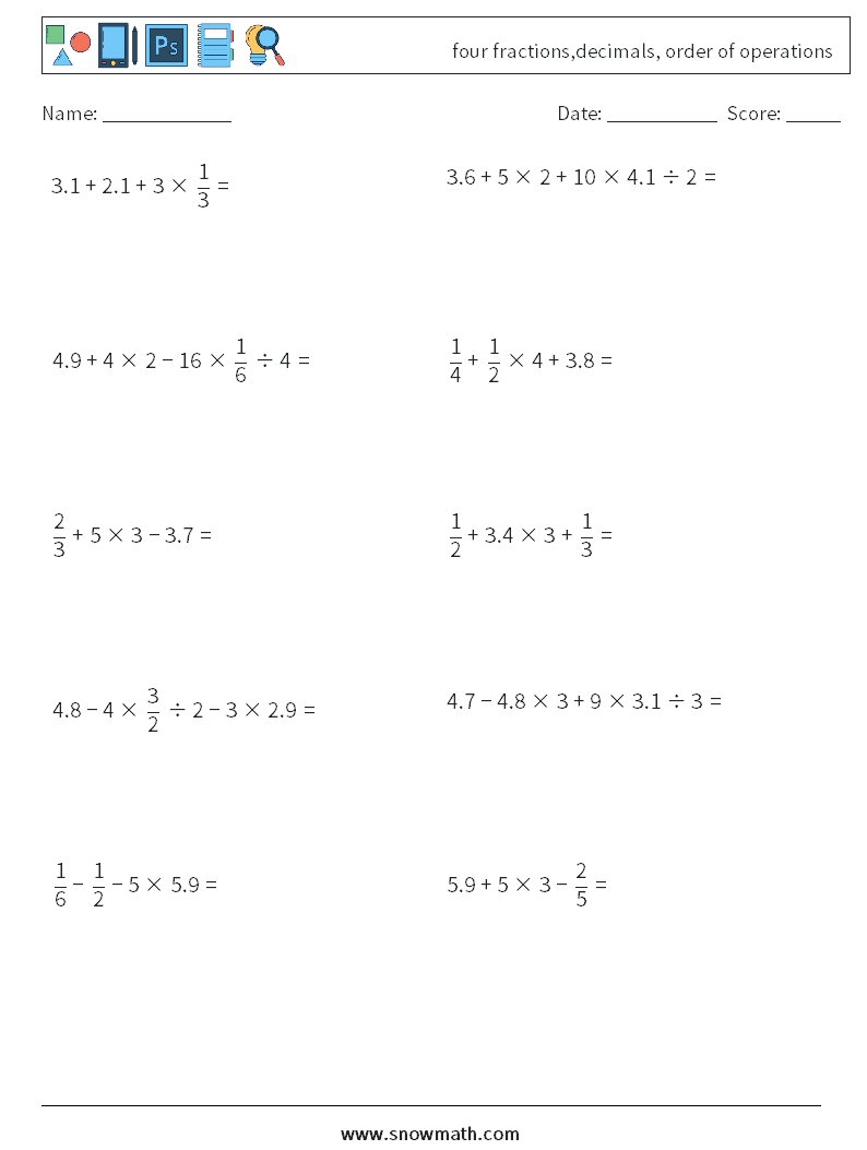 four fractions,decimals, order of operations Maths Worksheets 15