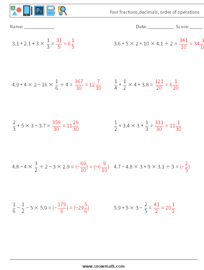 four fractions,decimals, order of operations Math Worksheets 15 Question, Answer