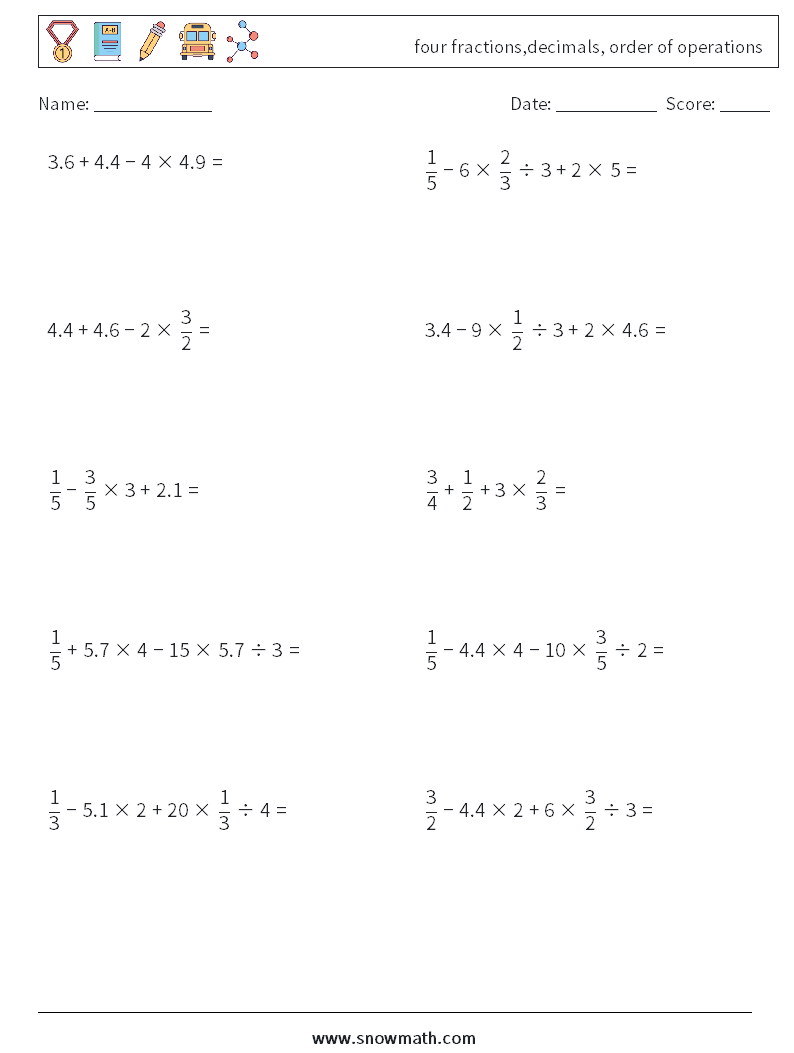 four fractions,decimals, order of operations Maths Worksheets 17