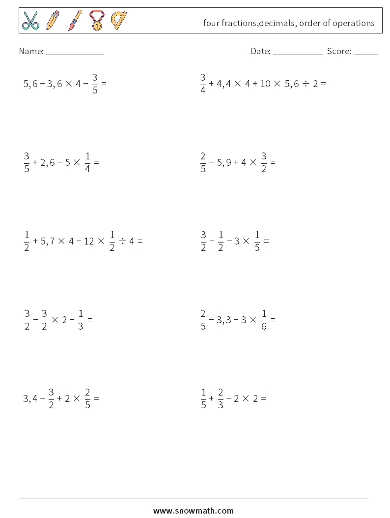 Ordering Fractions And Decimals Worksheet