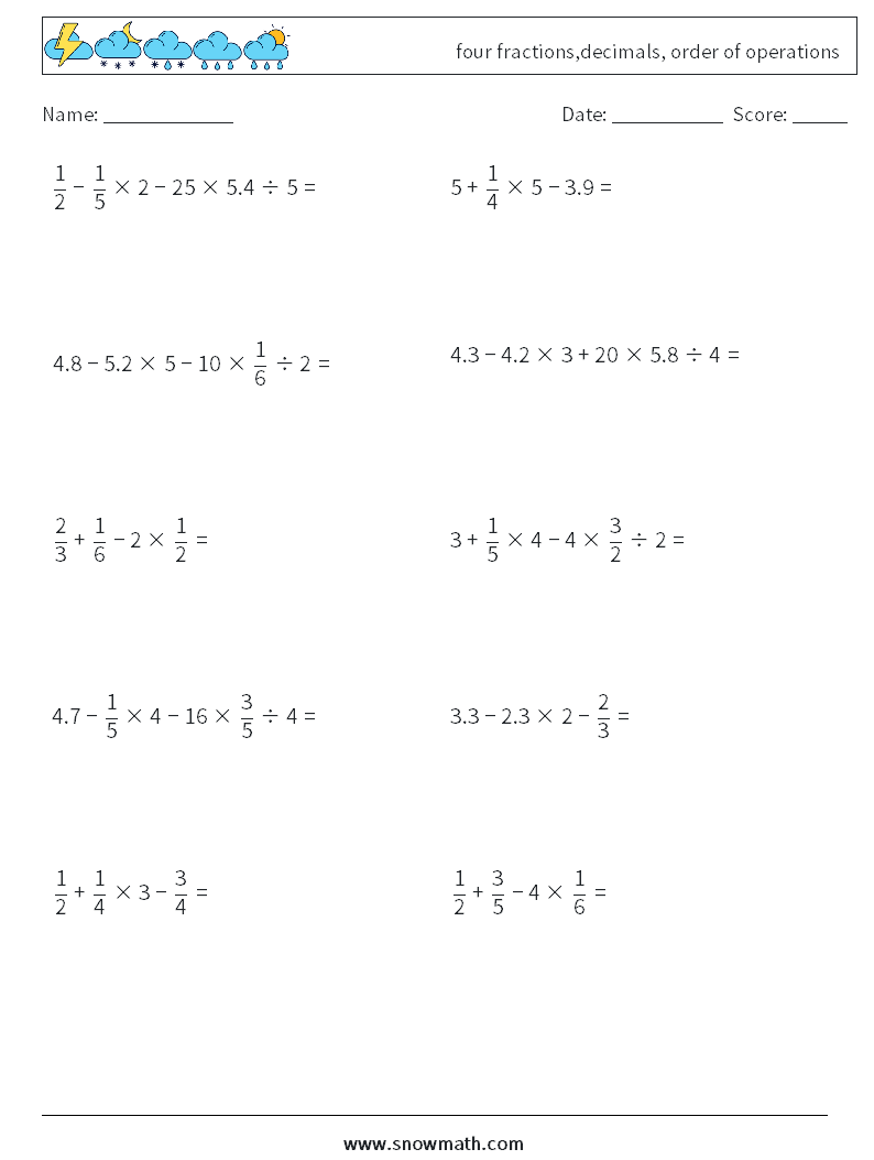 four fractions,decimals, order of operations Maths Worksheets 9