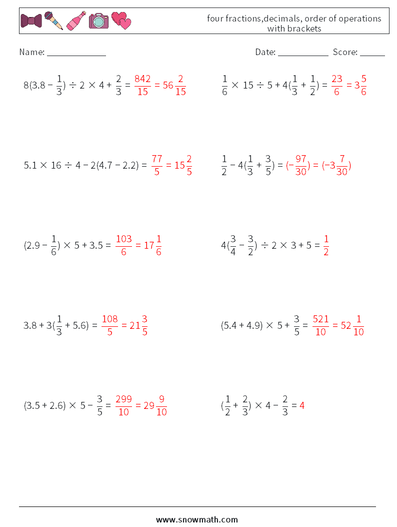 four fractions,decimals, order of operations with brackets Math Worksheets 12 Question, Answer