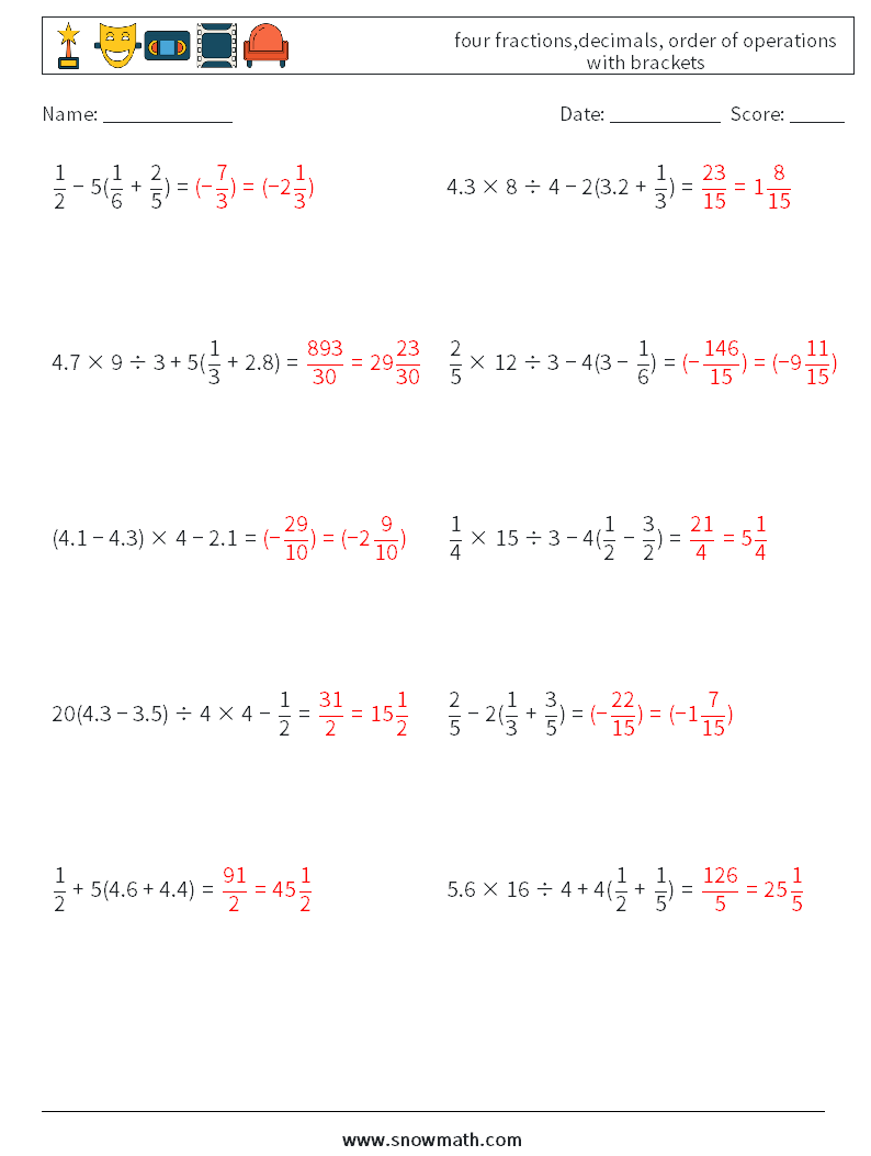 four fractions,decimals, order of operations with brackets Math Worksheets 13 Question, Answer