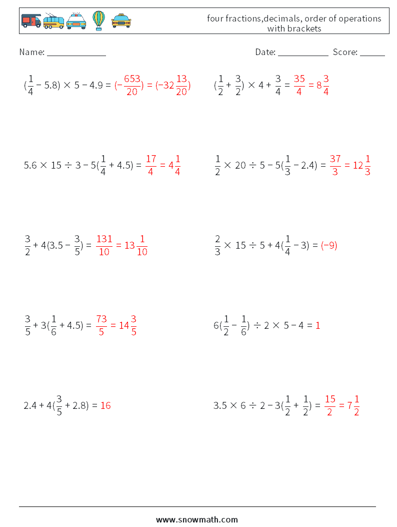 four fractions,decimals, order of operations with brackets Math Worksheets 14 Question, Answer