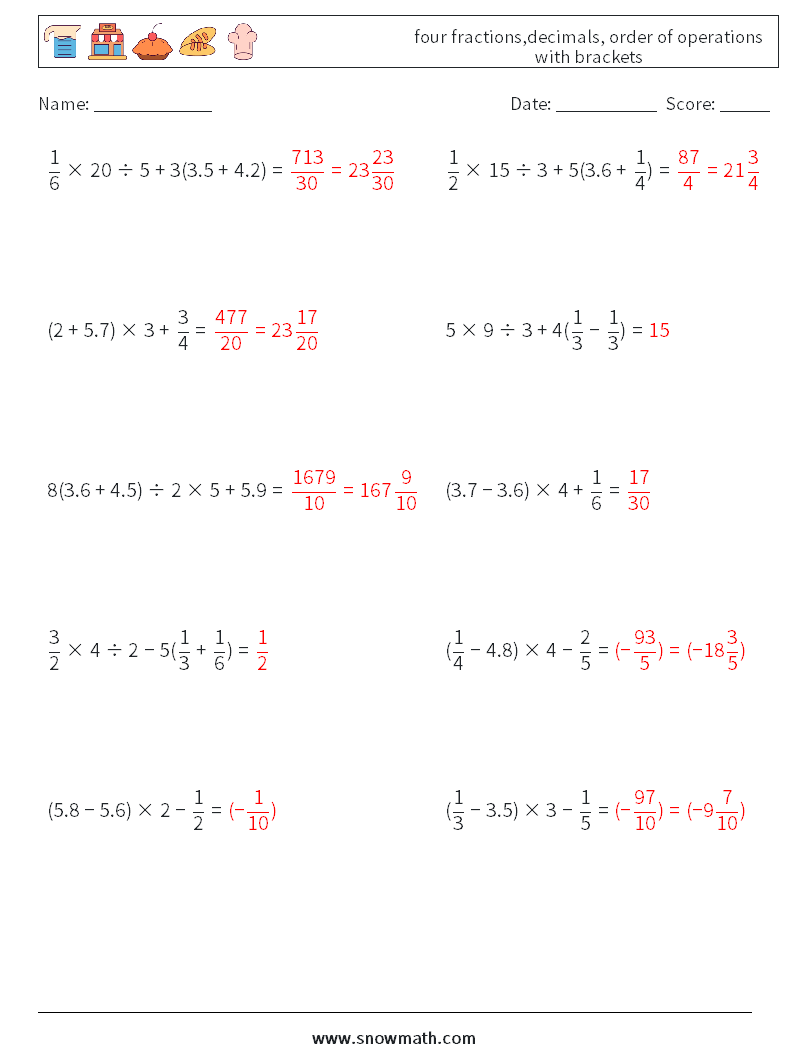 four fractions,decimals, order of operations with brackets Math Worksheets 18 Question, Answer