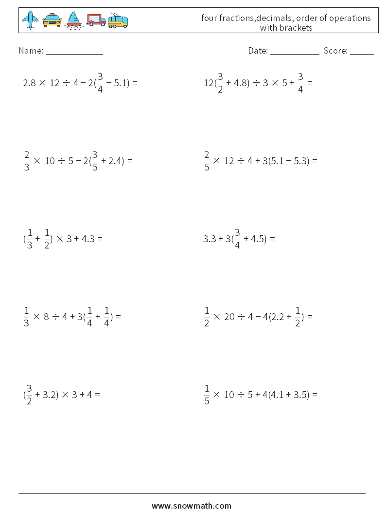 four fractions,decimals, order of operations with brackets Math Worksheets 4