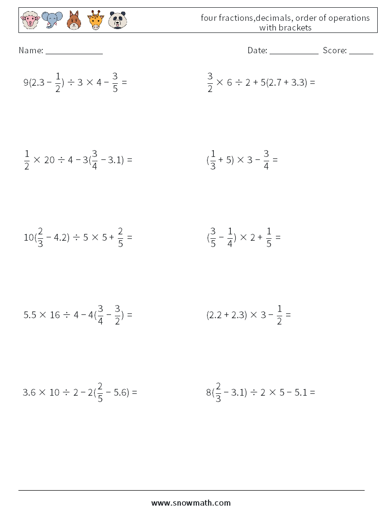 four fractions,decimals, order of operations with brackets Maths Worksheets 5