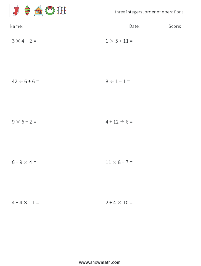 three integers, order of operations Maths Worksheets 10