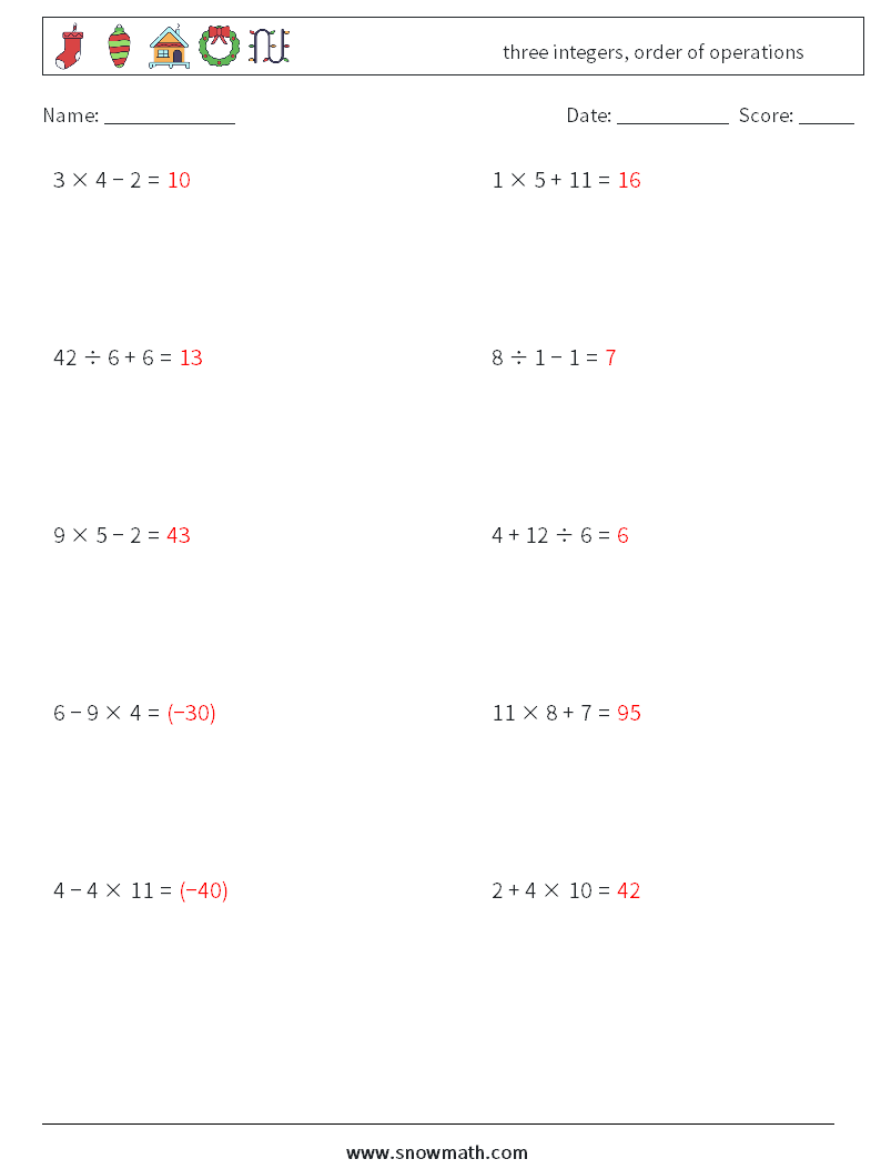 three integers, order of operations Math Worksheets 10 Question, Answer